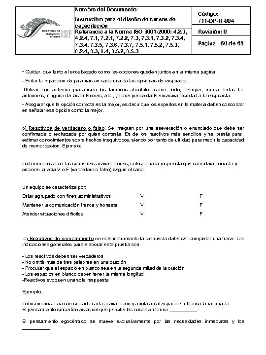 Nombre del Documento: Instructivo para el diseño de cursos de capacitación Referencia a la
