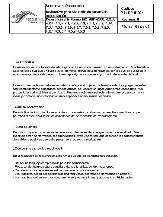 Nombre del Documento: Instructivo para el diseño de cursos de capacitación Referencia a la