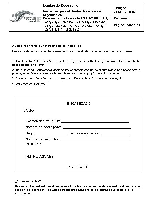 Nombre del Documento: Instructivo para el diseño de cursos de capacitación Referencia a la