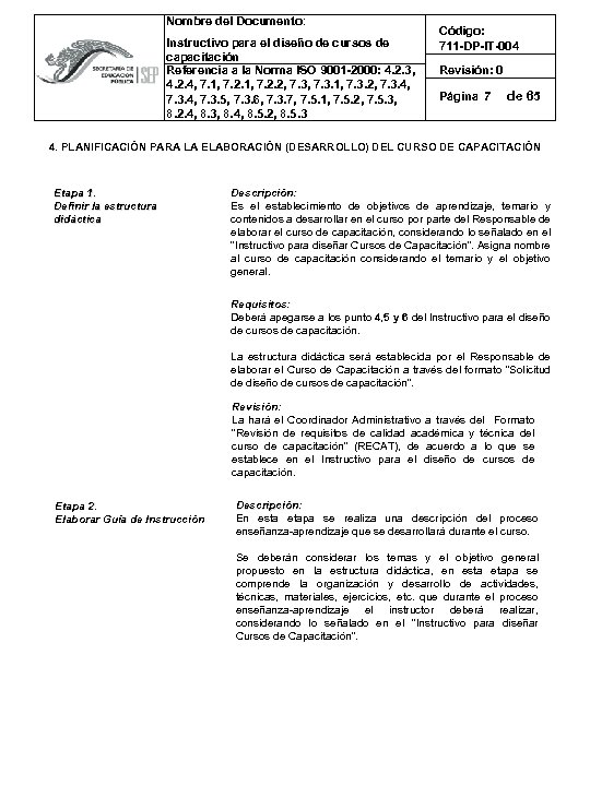 Nombre del Documento: Instructivo para el diseño de cursos de capacitación Referencia a la