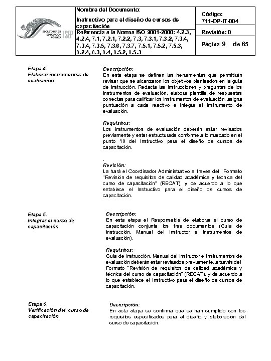 Nombre del Documento: Instructivo para el diseño de cursos de capacitación Referencia a la