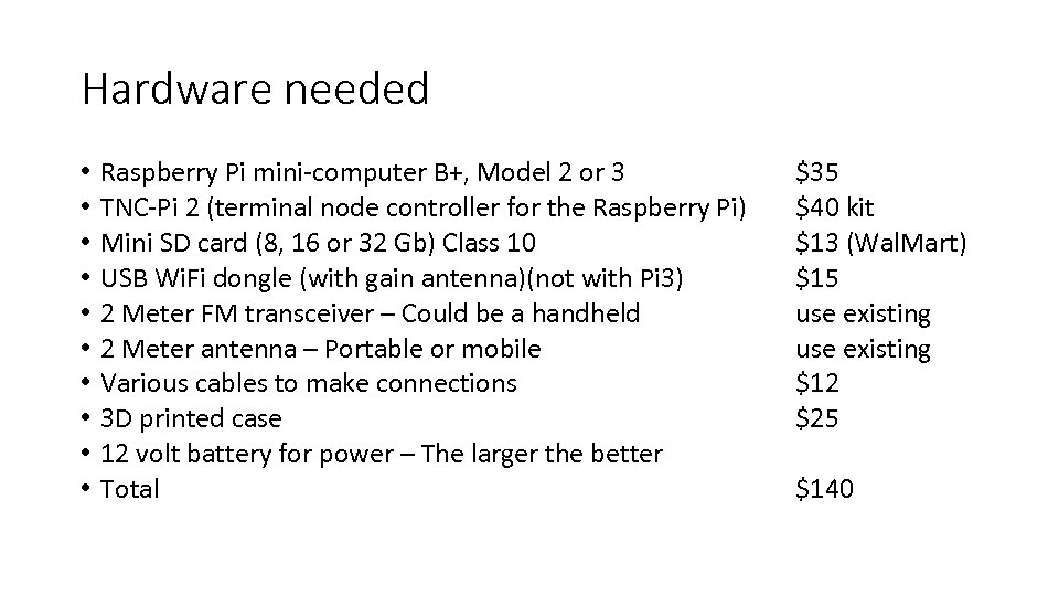 Hardware needed • • • Raspberry Pi mini-computer B+, Model 2 or 3 TNC-Pi