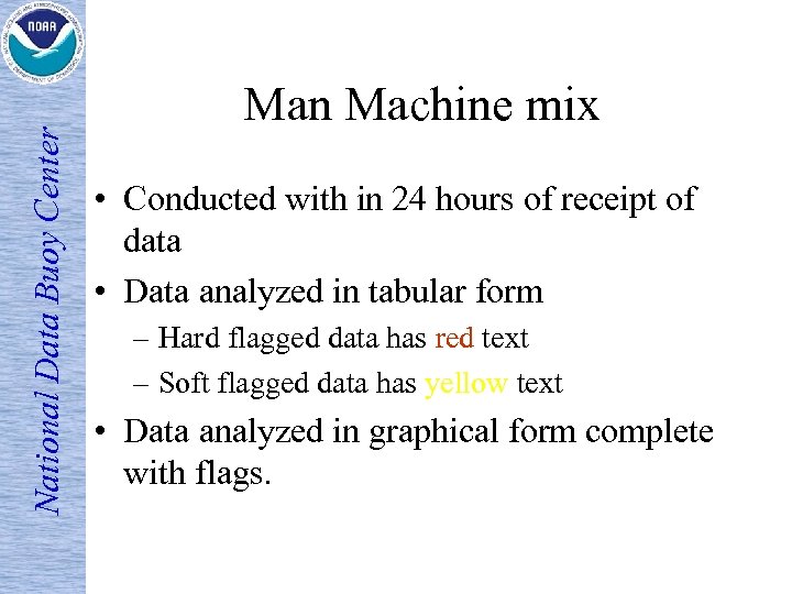 National Data Buoy Center Man Machine mix • Conducted with in 24 hours of