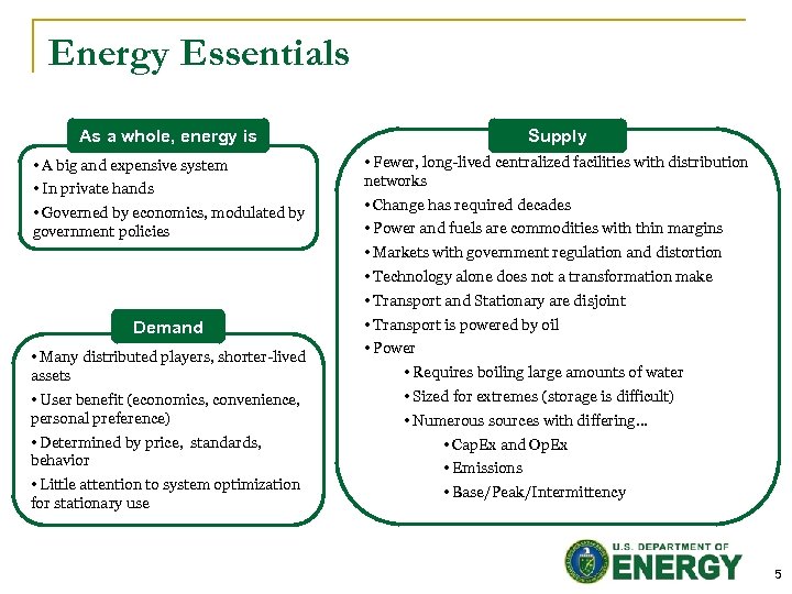 Energy Essentials Supply As a whole, energy is • A big and expensive system