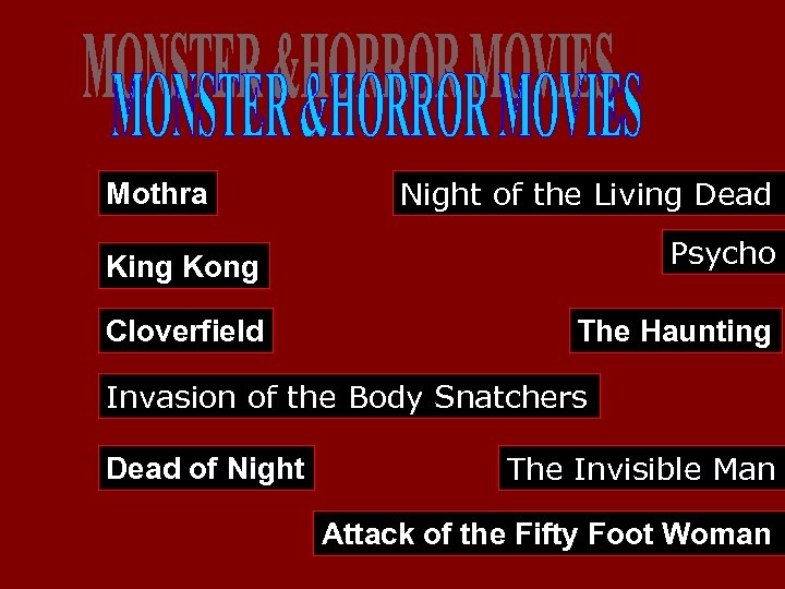 Mothra Night of the Living Dead King Kong Psycho Cloverfield The Haunting Invasion of