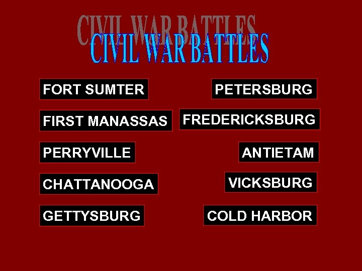 FORT SUMTER FIRST MANASSAS PERRYVILLE CHATTANOOGA GETTYSBURG PETERSBURG FREDERICKSBURG ANTIETAM VICKSBURG COLD HARBOR 