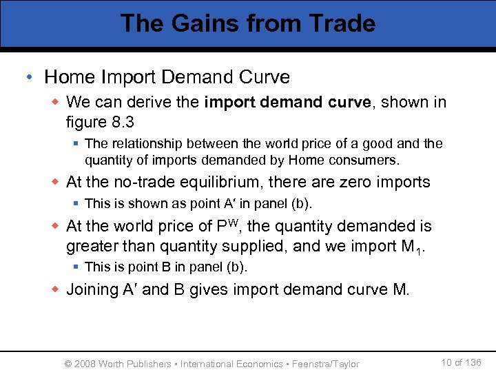 The Gains from Trade • Home Import Demand Curve w We can derive the