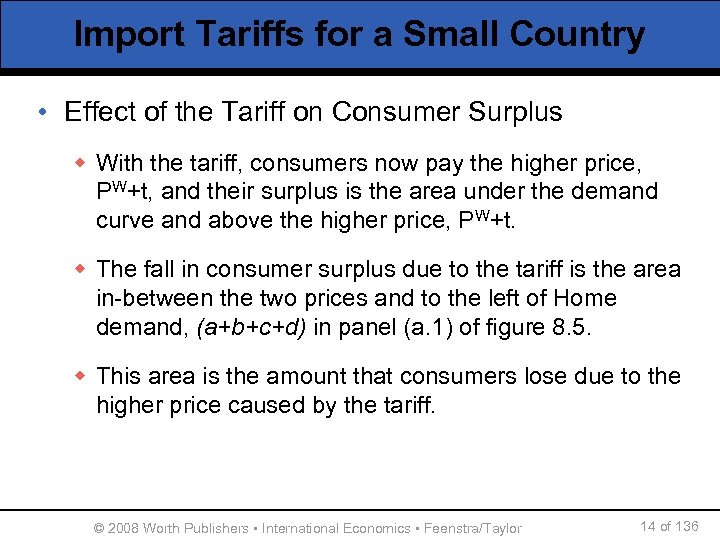 Import Tariffs for a Small Country • Effect of the Tariff on Consumer Surplus