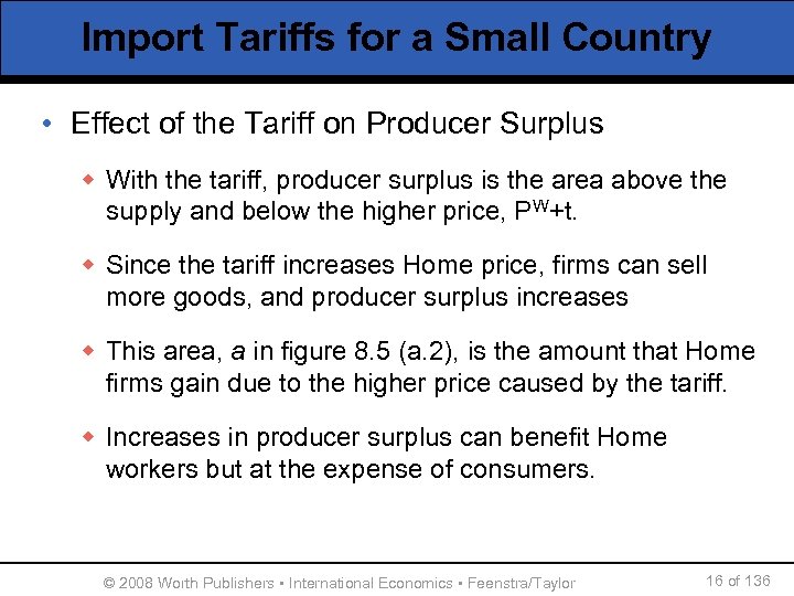 Import Tariffs for a Small Country • Effect of the Tariff on Producer Surplus