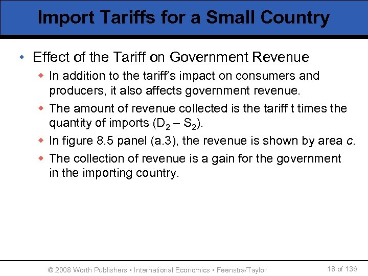Import Tariffs for a Small Country • Effect of the Tariff on Government Revenue
