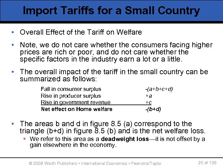 Import Tariffs for a Small Country • Overall Effect of the Tariff on Welfare