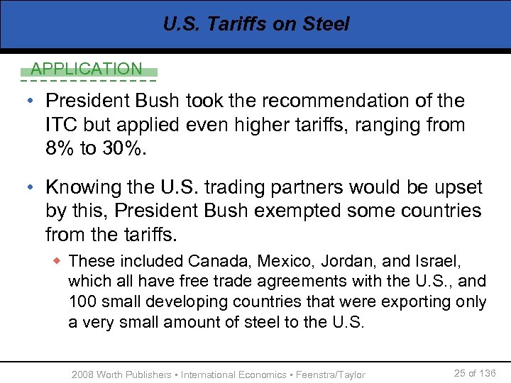 U. S. Tariffs on Steel APPLICATION • President Bush took the recommendation of the