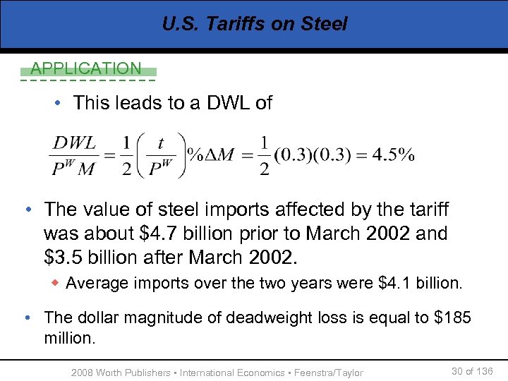 U. S. Tariffs on Steel APPLICATION • This leads to a DWL of •
