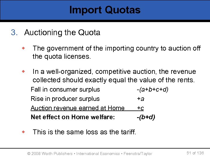 Import Quotas 3. Auctioning the Quota w The government of the importing country to