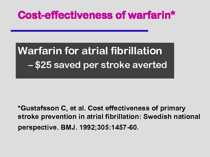 Cost-effectiveness of warfarin* Warfarin for atrial fibrillation – $25 saved per stroke averted *Gustafsson