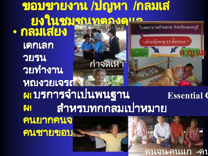 ขอบขายงาน /ปญหา /กลมเส ยงในชมชนทตองดแล • กลมเสยง เดกเลก ด. ญ. แม วยรน กำจดเหา วยทำงาน หญงวยเจรญพนธ