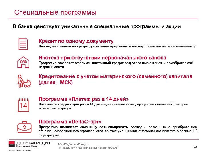 Специальные программы В банке действует уникальные специальные программы и акции Кредит по одному документу