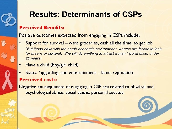 Results: Determinants of CSPs Perceived Benefits: Positive outcomes expected from engaging in CSPs include: