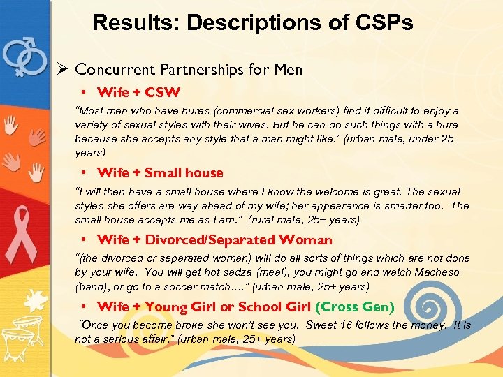 Results: Descriptions of CSPs Ø Concurrent Partnerships for Men • Wife + CSW “Most