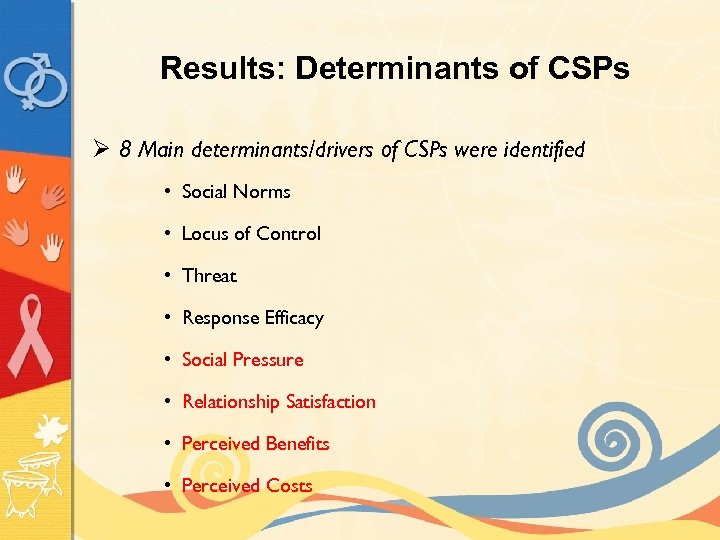 Results: Determinants of CSPs Ø 8 Main determinants/drivers of CSPs were identified • Social