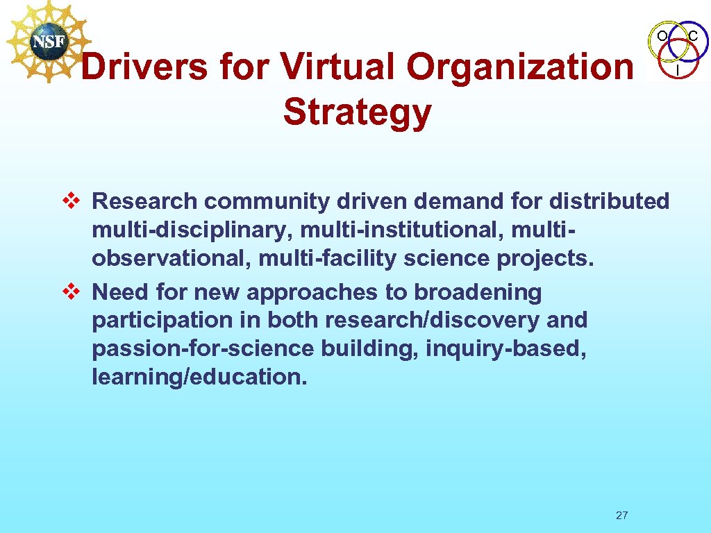 O Drivers for Virtual Organization Strategy v Research community driven demand for distributed multi-disciplinary,