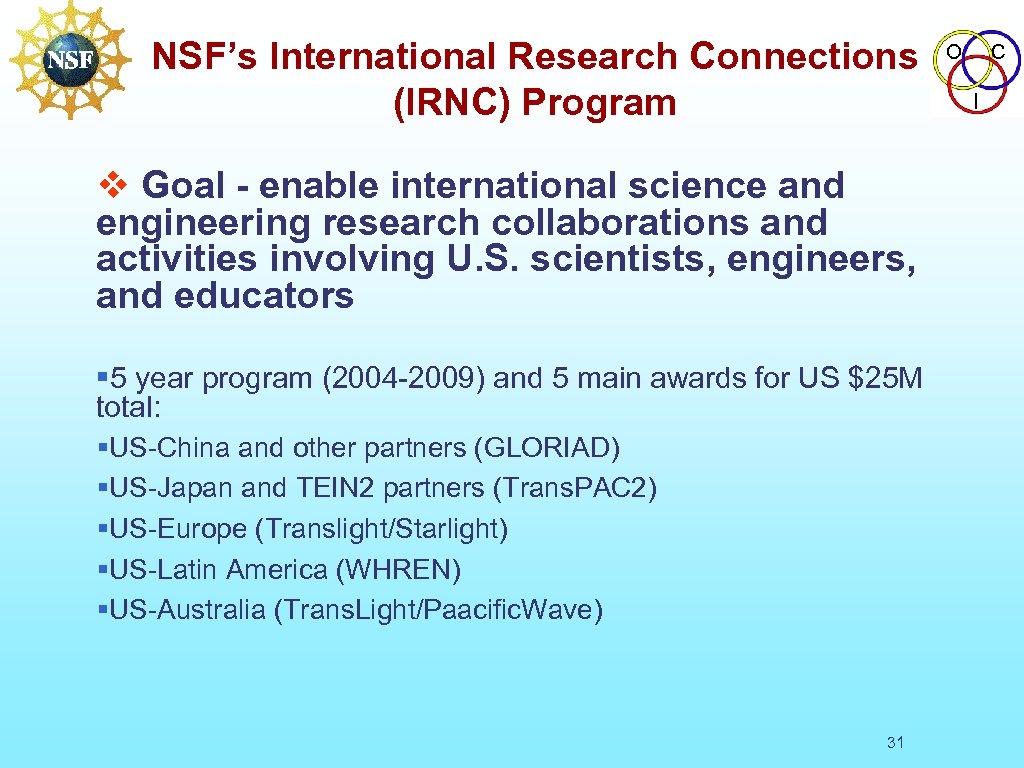 NSF’s International Research Connections (IRNC) Program v Goal - enable international science and engineering