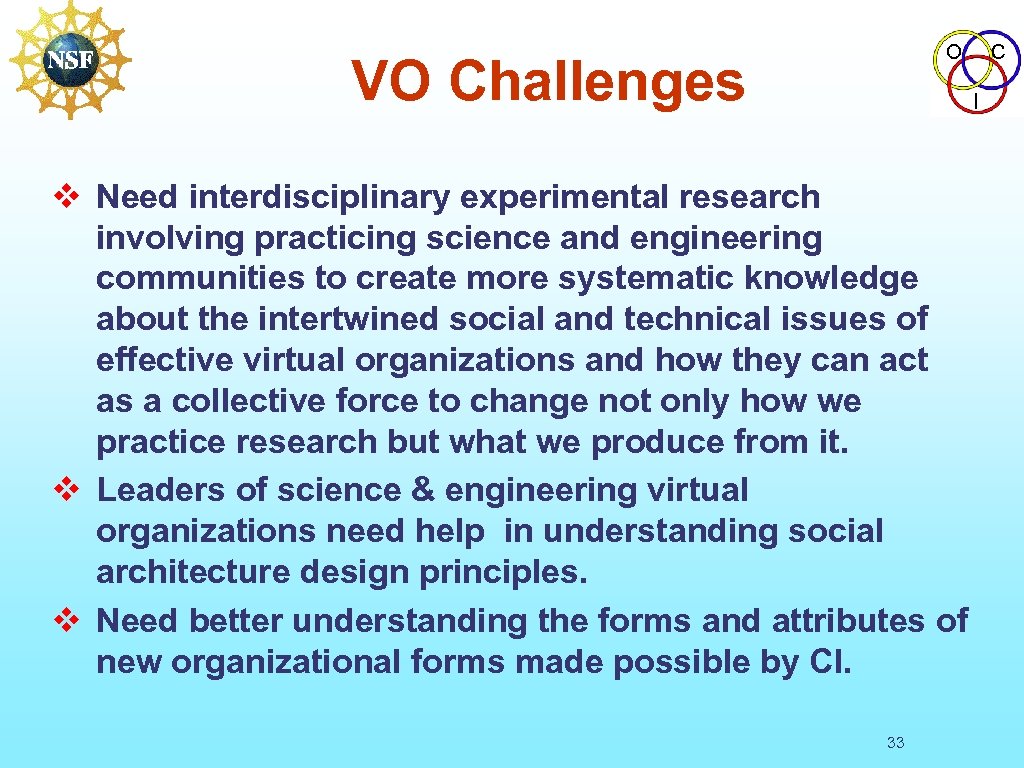 O VO Challenges C I v Need interdisciplinary experimental research involving practicing science and