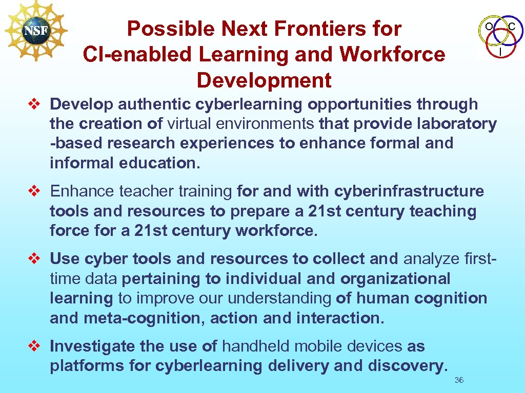 Possible Next Frontiers for CI-enabled Learning and Workforce Development O C I v Develop