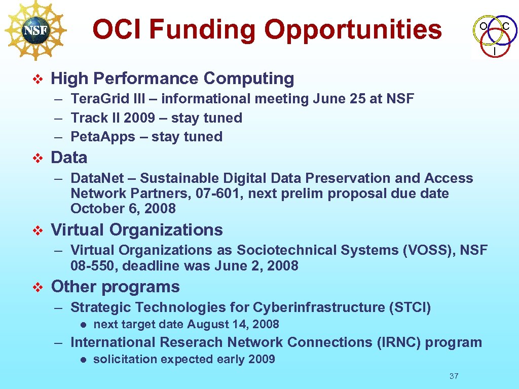 OCI Funding Opportunities O C I v High Performance Computing – Tera. Grid III