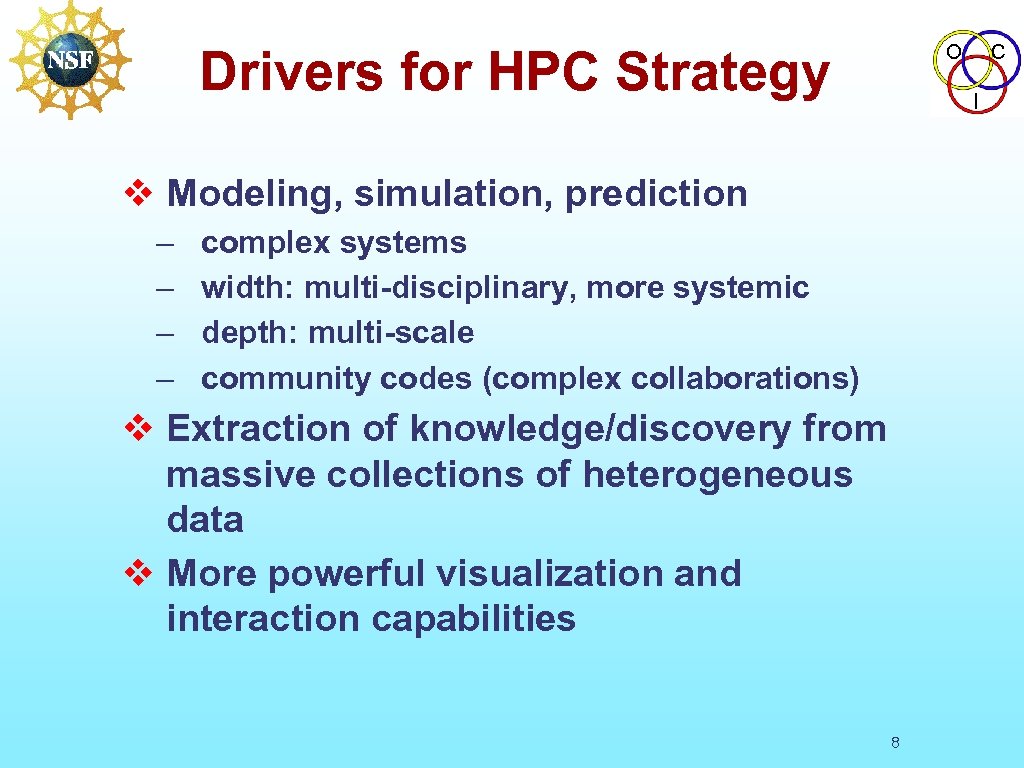 O Drivers for HPC Strategy I v Modeling, simulation, prediction – – C complex