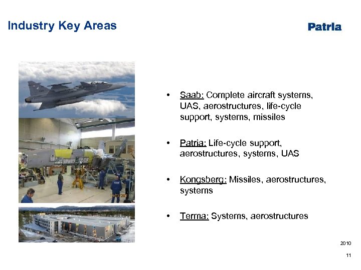 Industry Key Areas • Saab: Complete aircraft systems, UAS, aerostructures, life-cycle support, systems, missiles