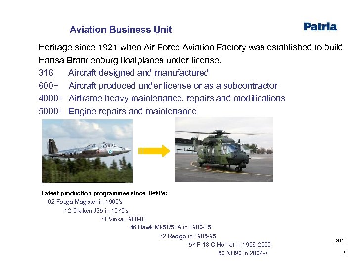 Aviation Business Unit Heritage since 1921 when Air Force Aviation Factory was established to