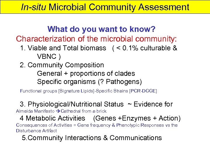 In-situ Microbial Community Assessment What do you want to know? Characterization of the microbial