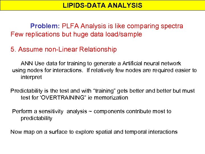 LIPIDS-DATA ANALYSIS Problem: PLFA Analysis is like comparing spectra Few replications but huge data