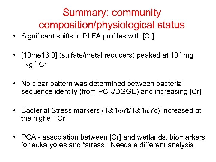 Summary: community composition/physiological status • Significant shifts in PLFA profiles with [Cr] • [10