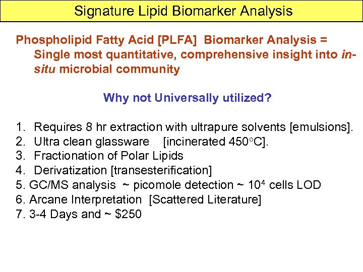  Signature Lipid Biomarker Analysis Phospholipid Fatty Acid [PLFA] Biomarker Analysis = Single most