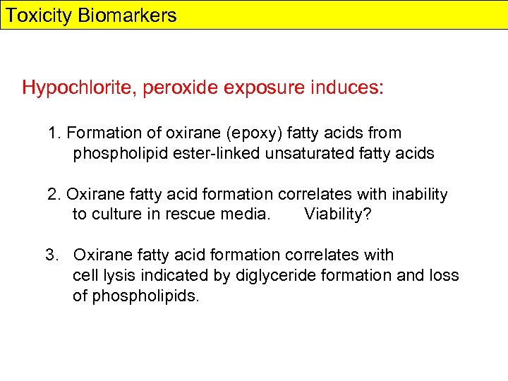 Toxicity Biomarkers Hypochlorite, peroxide exposure induces: 1. Formation of oxirane (epoxy) fatty acids from