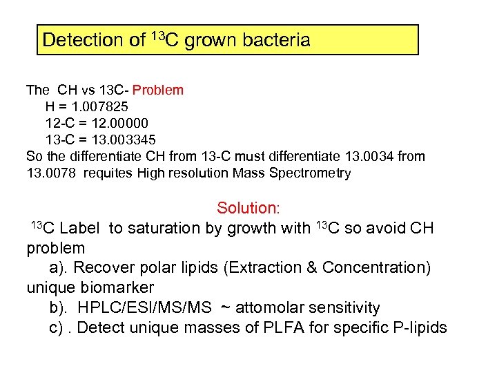 Detection of 13 C grown bacteria The CH vs 13 C- Problem H =