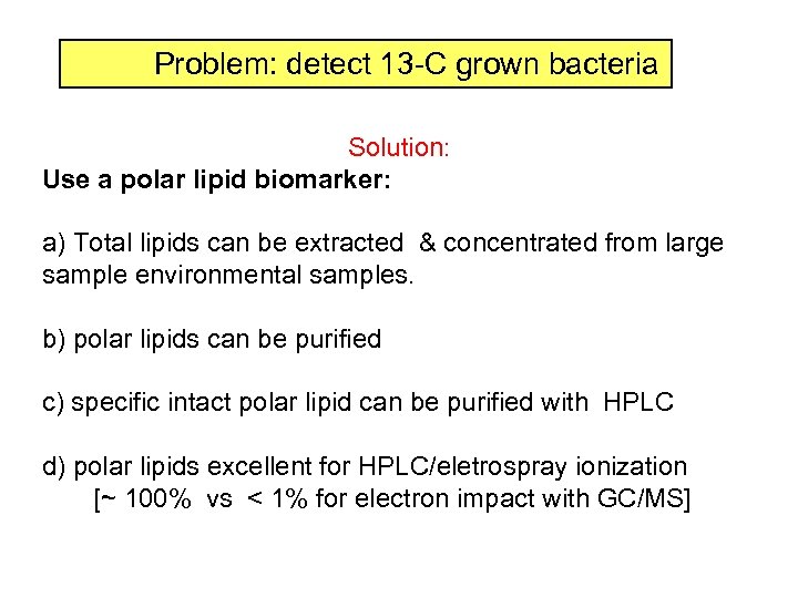  Problem: detect 13 -C grown bacteria Solution: Use a polar lipid biomarker: a)