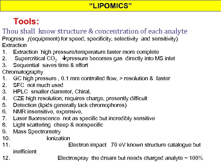 “LIPOMICS” Tools: Thou shall know structure & concentration of each analyte Progress (equipment) for