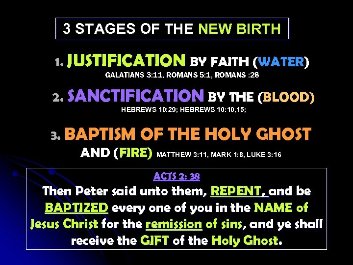 3 STAGES OF THE NEW BIRTH 1. JUSTIFICATION BY FAITH (WATER) GALATIANS 3: 11,