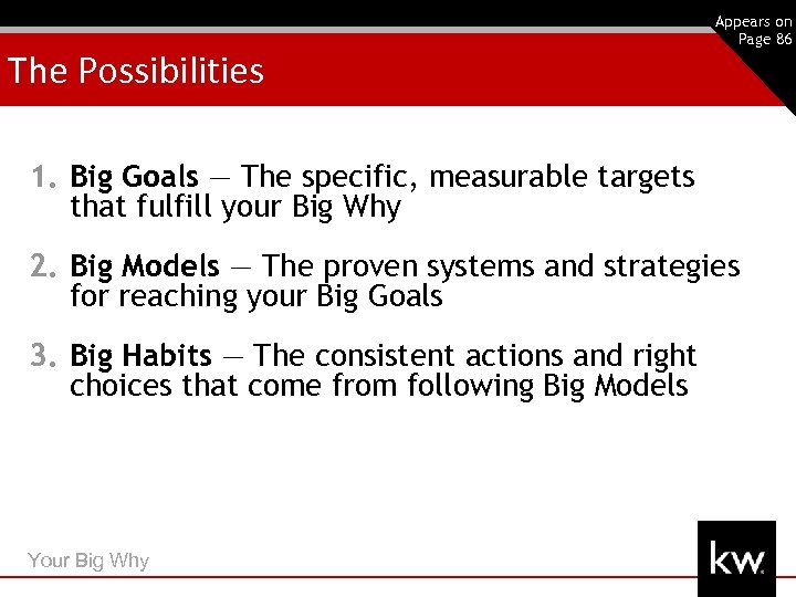 The Possibilities 20 Appears on Page 86 1. Big Goals — The specific, measurable