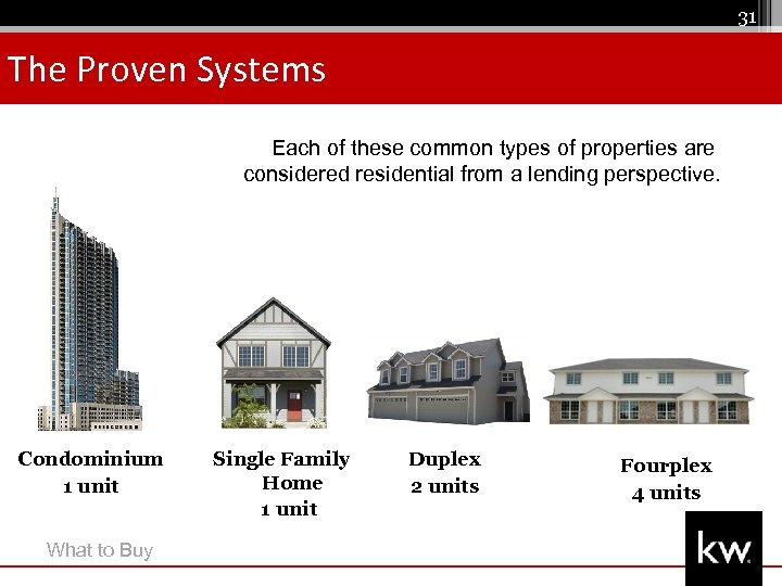 31 The Proven Systems Each of these common types of properties are considered residential