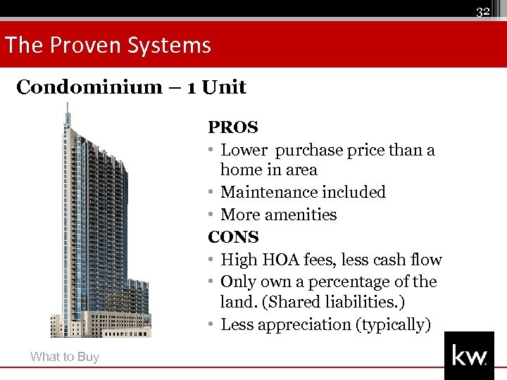 32 The Proven Systems Condominium – 1 Unit PROS • Lower purchase price than