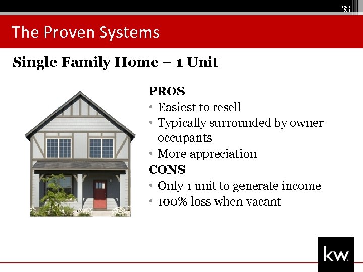 33 The Proven Systems Single Family Home – 1 Unit PROS • Easiest to