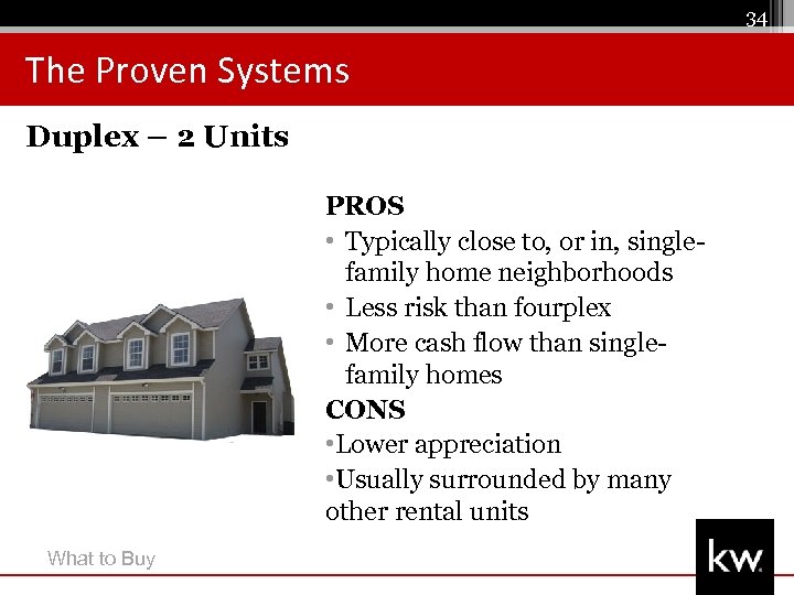 34 The Proven Systems Duplex – 2 Units PROS • Typically close to, or