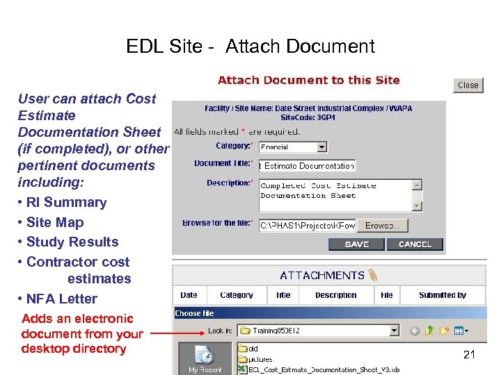 EDL Site - Attach Document User can attach Cost Estimate Documentation Sheet (if completed),