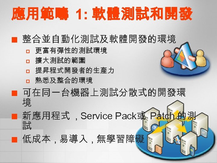 應用範疇 1: 軟體測試和開發 ¢ 整合並自動化測試及軟體開發的環境 p p ¢ ¢ ¢ 更富有彈性的測試環境 擴大測試的範圍 提昇程式開發者的生產力 熟悉及整合的環境