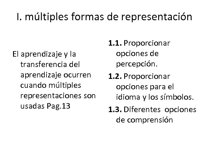 I. múltiples formas de representación El aprendizaje y la transferencia del aprendizaje ocurren cuando