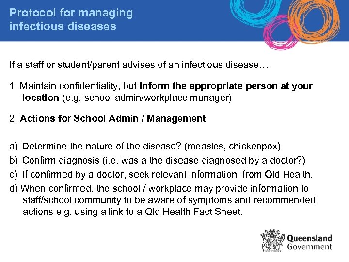 Protocol for managing infectious diseases If a staff or student/parent advises of an infectious